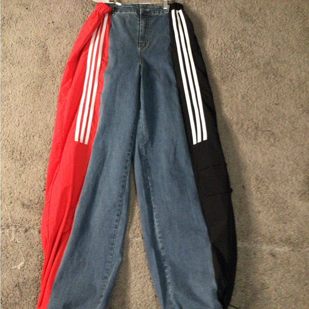Red and Black Striped Denim Pants